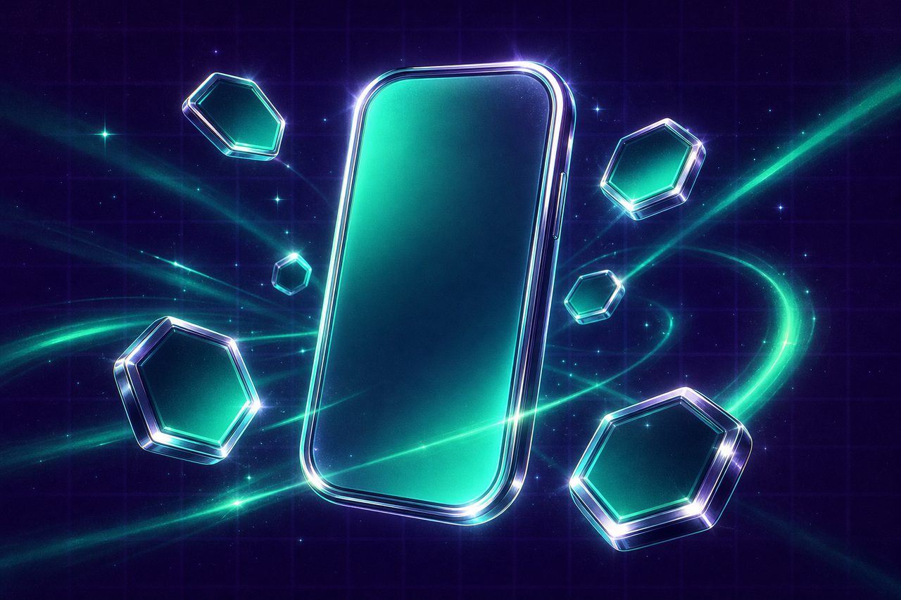 A glowing handheld screen shape with orbiting tokens representing mobile social casinos