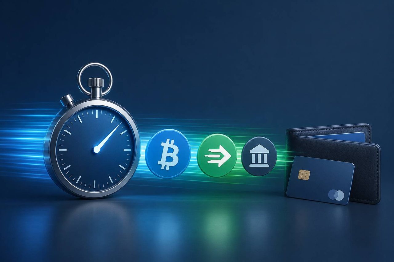 Stopwatch with crypto, Interac and bank icons streaming toward a wallet, illustrating cash-out speed