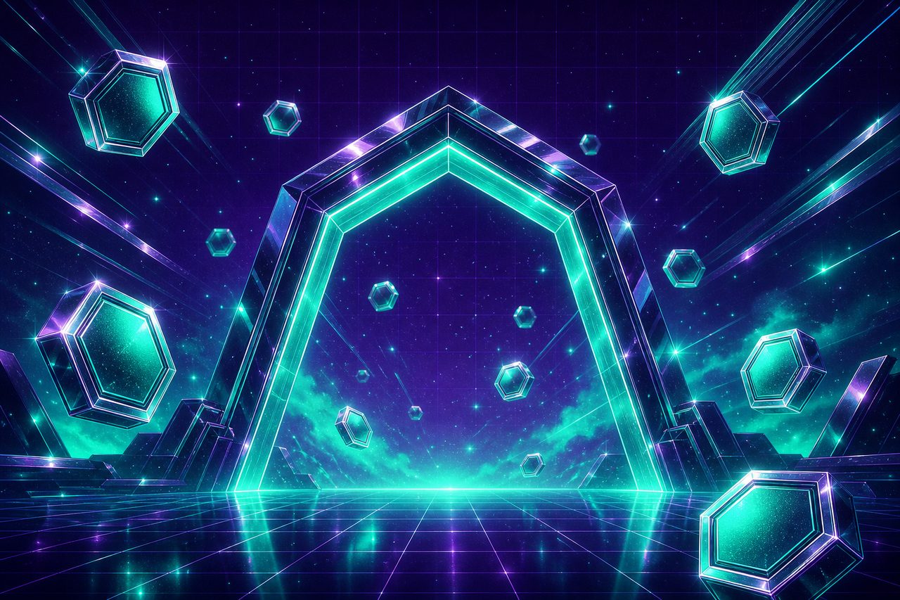 An open chrome gateway with free tokens passing through, representing no purchase necessary