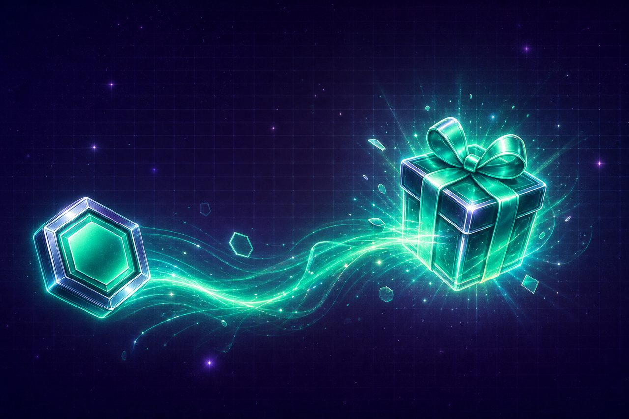 A token transforming into a wrapped prize along a beam, representing redeeming Sweeps Coins