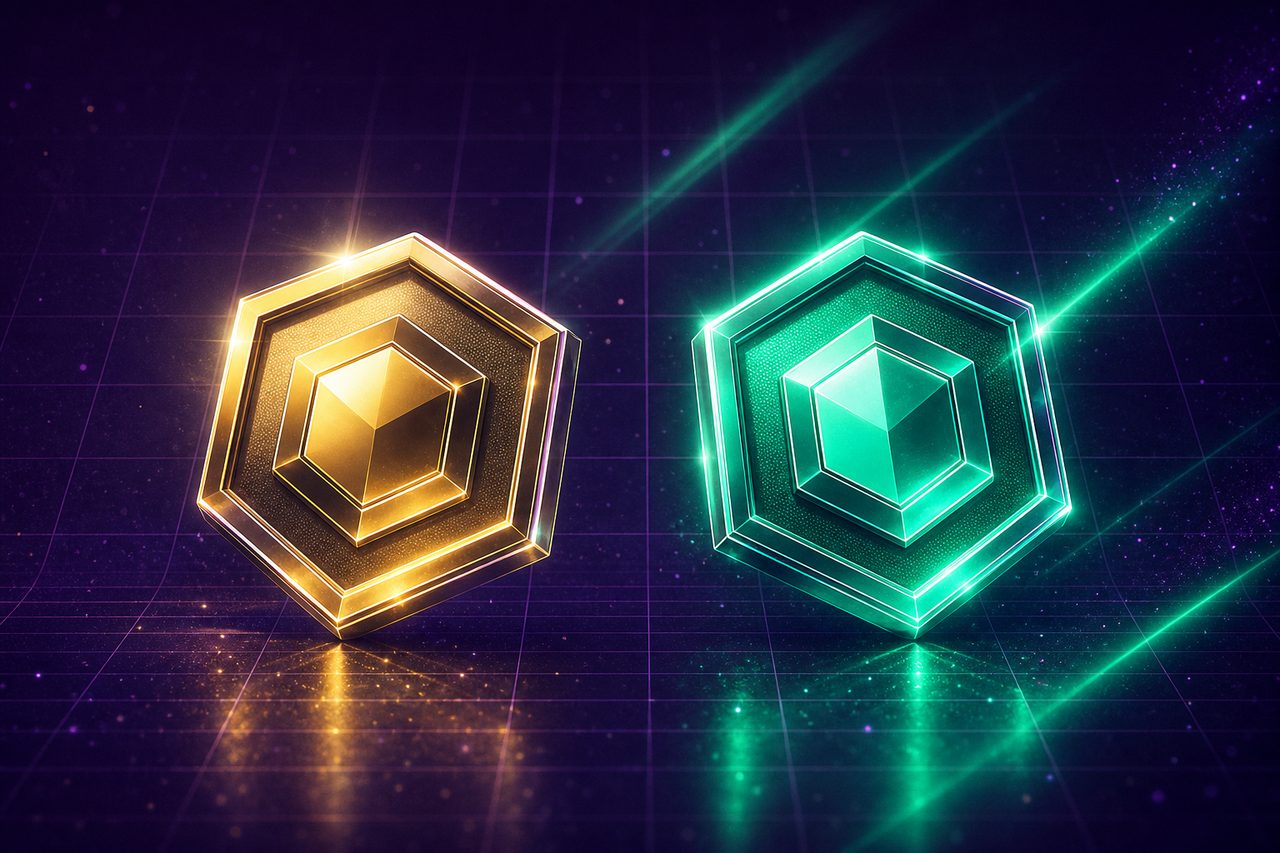 Two glowing token types side by side representing Sweeps Coins and Gold Coins