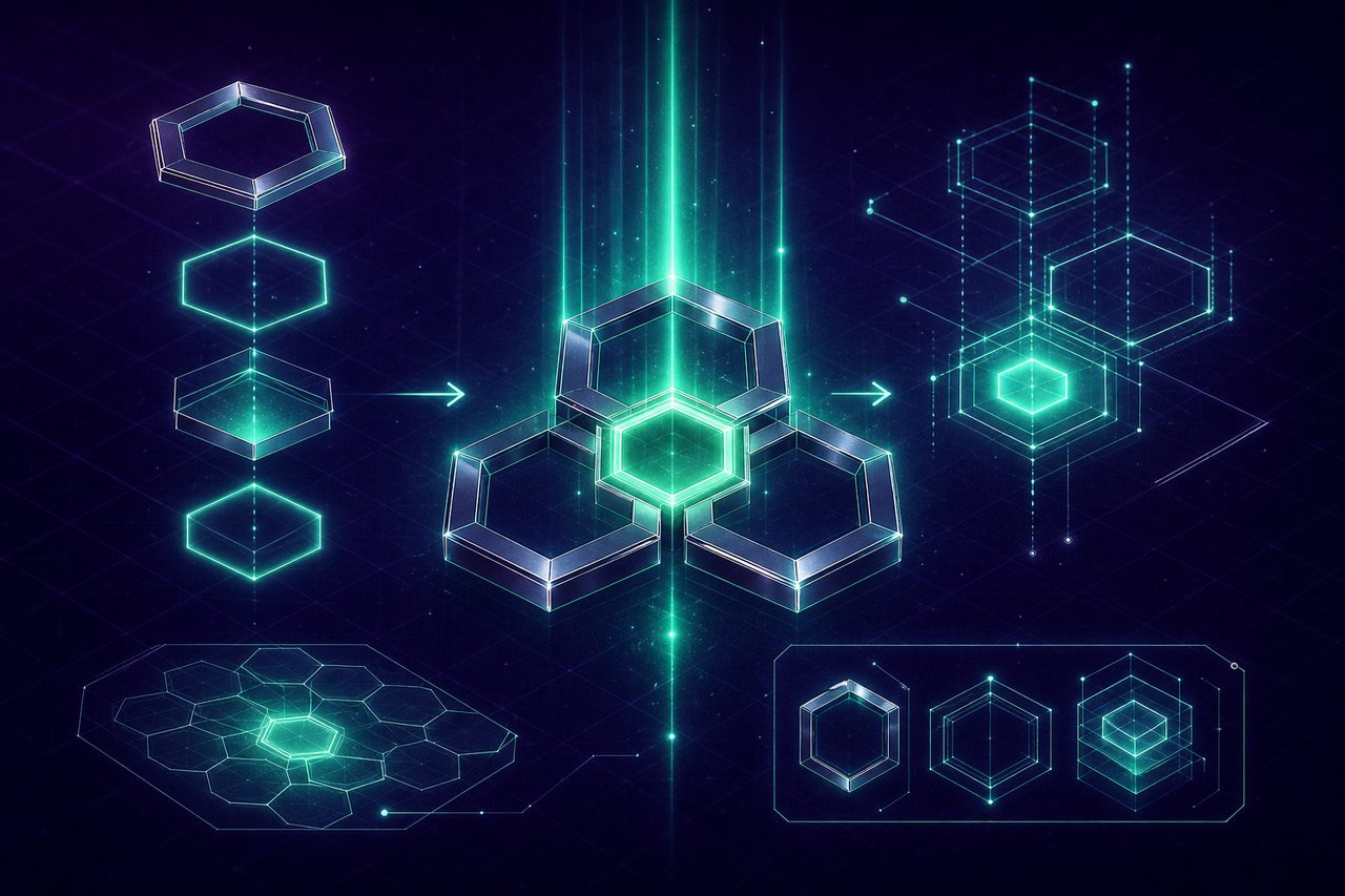A glowing schematic of interlocking tokens and beams, representing social casino guides