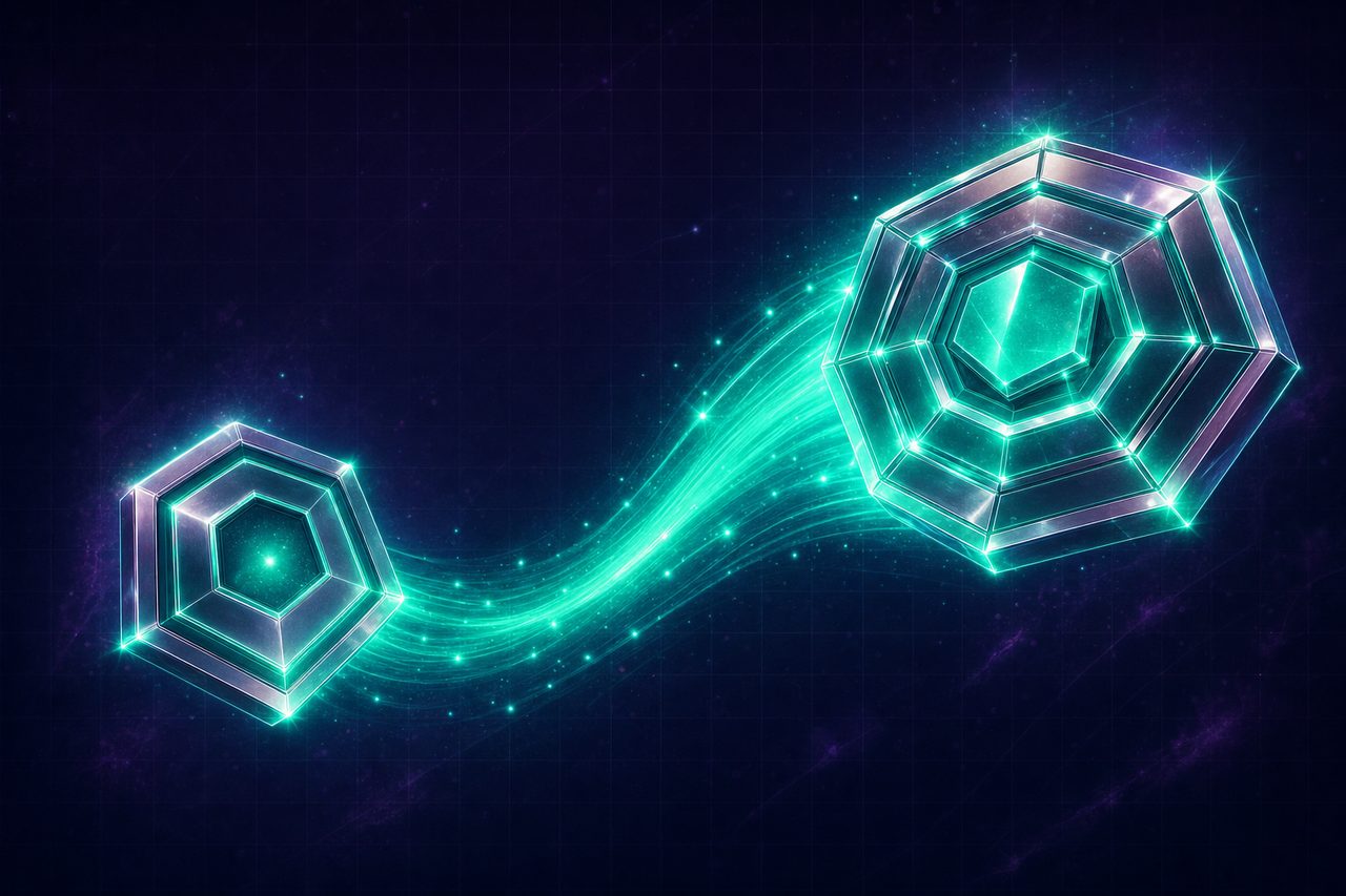 Two glowing coin-token types connected by a beam, illustrating how social casinos work