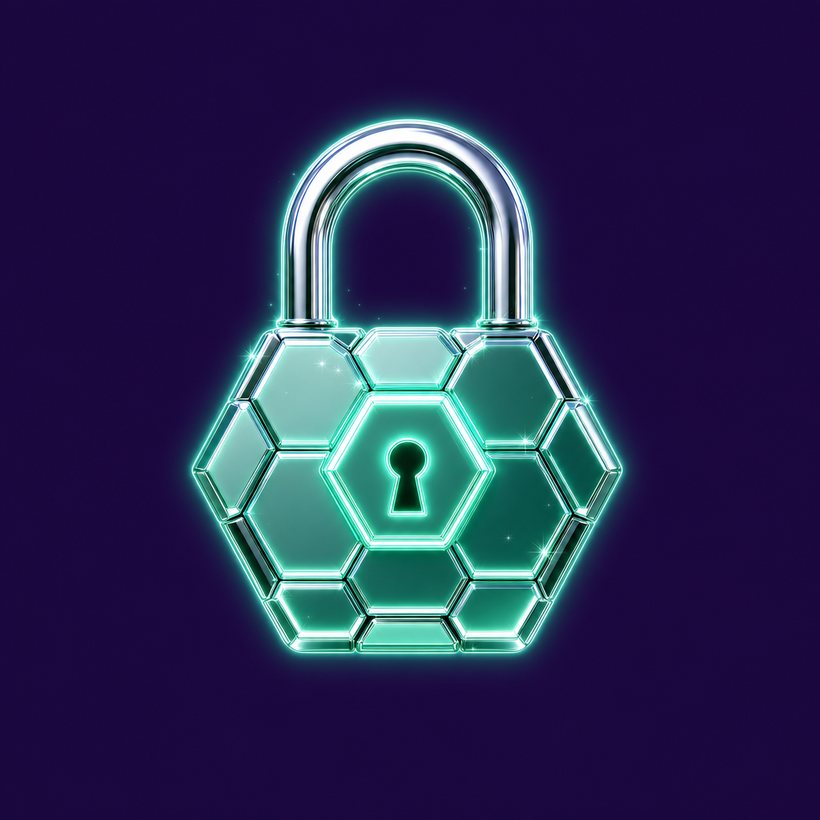 A glowing chrome padlock formed from hexagonal facets, representing data privacy