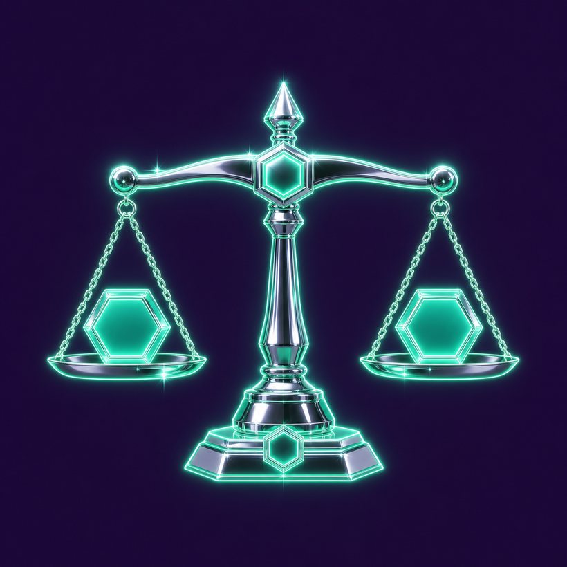 A glowing chrome balance scale holding two hexagonal tokens in equilibrium, representing balanced play